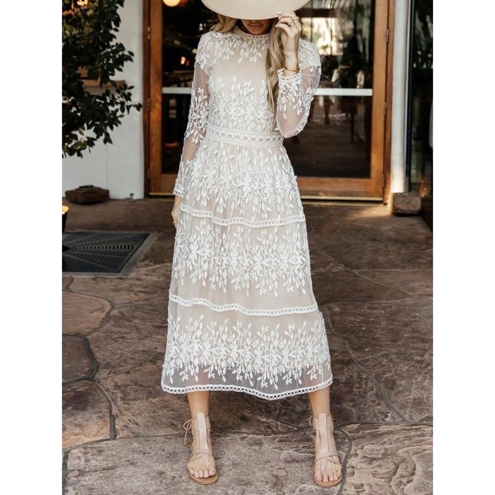 Bohme Lola Lace Midi Dress Small Beige Ivory Embroidered Sheer Long Sleeve Boho